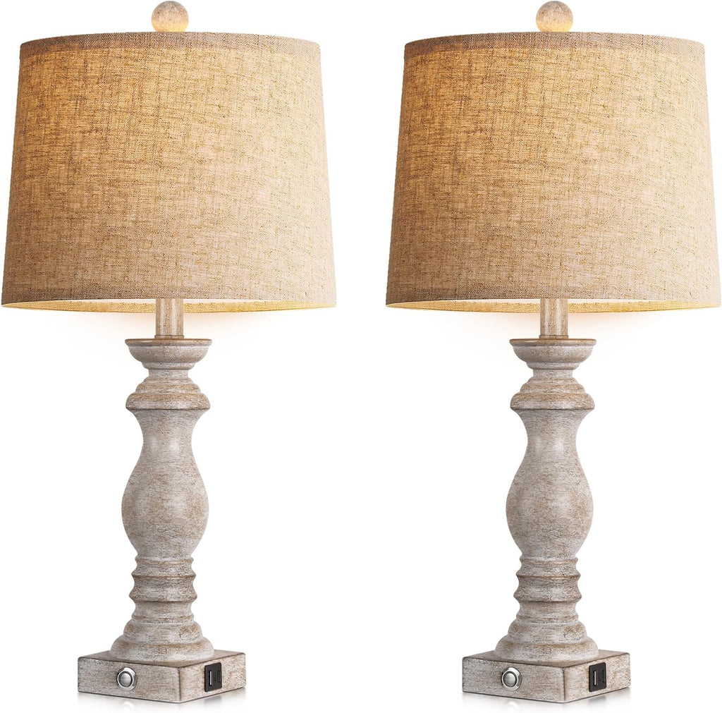 24.5" Table Lamp Set of 2, Rustic Farmhouse Bedside Lamps with USB A+C Charging Ports, 3-Way Dimmable Touch Control Nightstand Lamps for…
