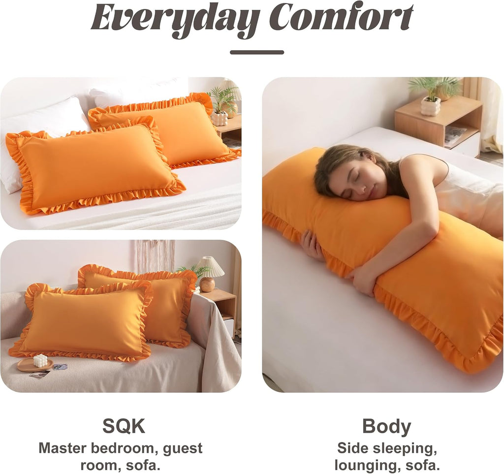 Bedsum Ruffled Body Pillowcase, 20x54 Body Pillow Cover, Brushed Microfiber with Envelope Closure, Soft Wrinkle-Resistant, Orange