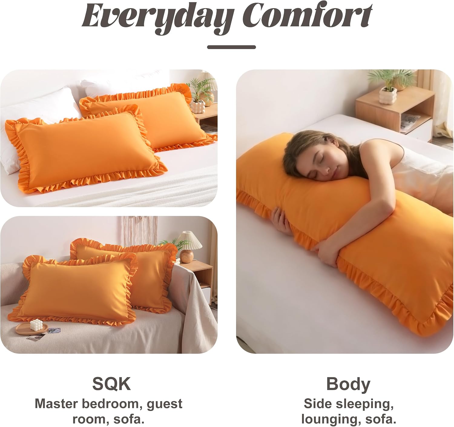 Bedsum Ruffled Body Pillowcase, 20x54 Body Pillow Cover, Brushed Microfiber with Envelope Closure, Soft Wrinkle-Resistant, Orange