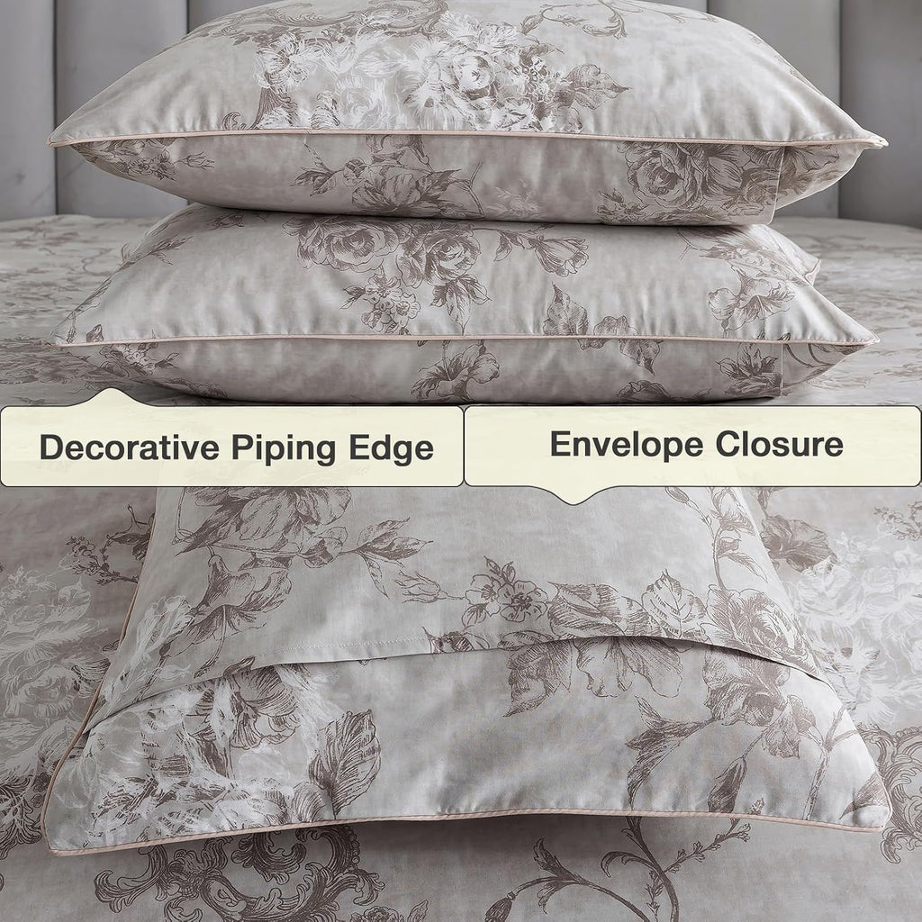 Puralens Vintage Floral Greige Percale Duvet Cover Set, King 100% Cotton Cottage Zipper Comforter Cover, Crisp Neutral Toile Bed Cover Set…