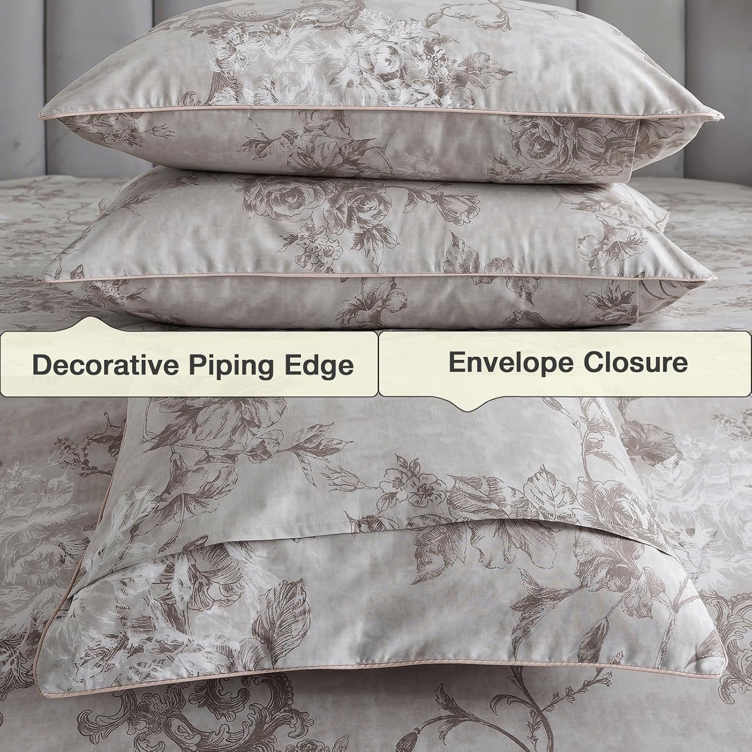 Puralens Vintage Greige Floral Percale Duvet Cover Queen 3Pcs, 100% Cotton Flower Print Farmhouse Comforter Cover Set, Soft Crisp Reversibl…