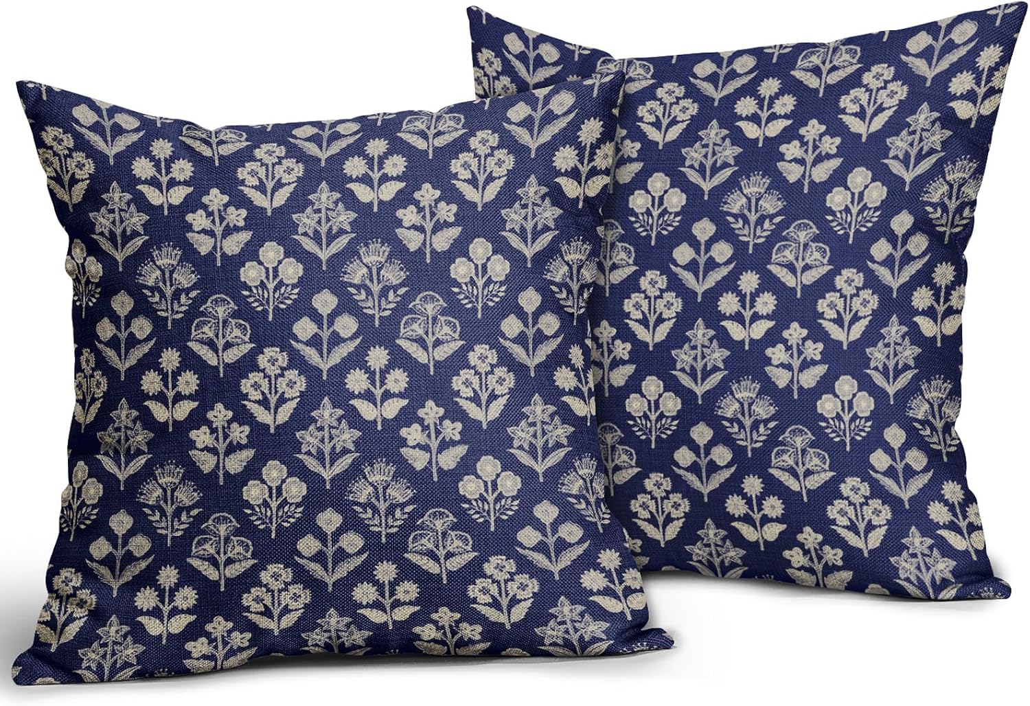 Navy Blue Floral Block Print Pillow Covers 18x18 Inch Set of 2, Vintage Flower Pattern Decorative Throw Pillowcases Outdoor Farmhouse…