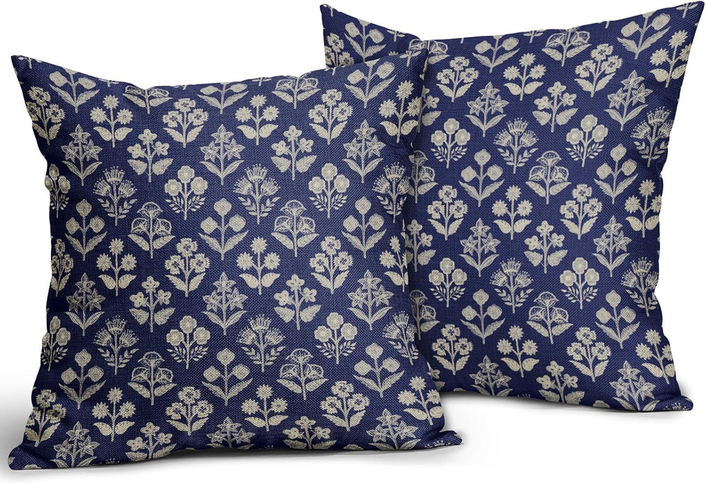 Navy Blue Floral Block Print Pillow Covers 16x16 Inch Set of 2, Vintage Flower Pattern Decorative Throw Pillowcases Outdoor Farmhouse…