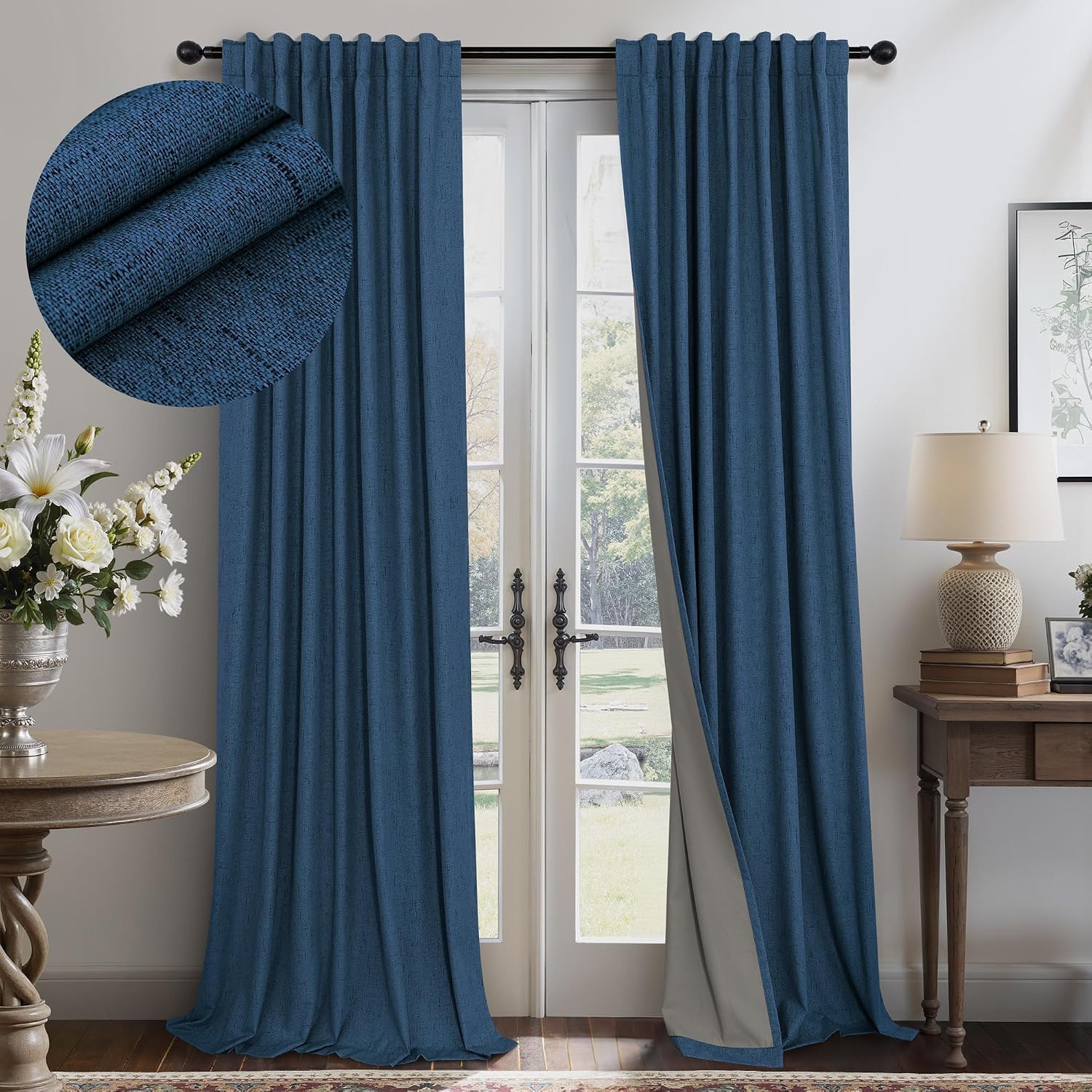 Pitalk Navy Blue Linen Textured Curtains 90 Inches Long 2 Panels Set Modern Neutral Nursery Blackout Curtains for Kids Bedroom Black Out Th…