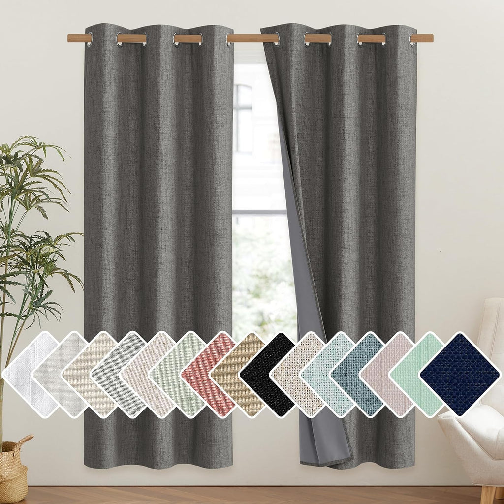 NICETOWN Grizzle Gray Vintage Linen 100% Blackout Curtains for Classroom, Thermal Insulated Curtains 72" Long, Noise Reducing Window…