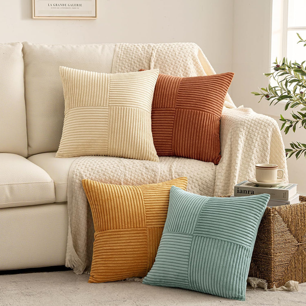 Miulee Boho Farmhouse Decorative Throw Pillow Covers 20x20 Inch 4 Packs Soft Vintage Pillow Cases Modern Corduroy Patchwork Cushion Covers…