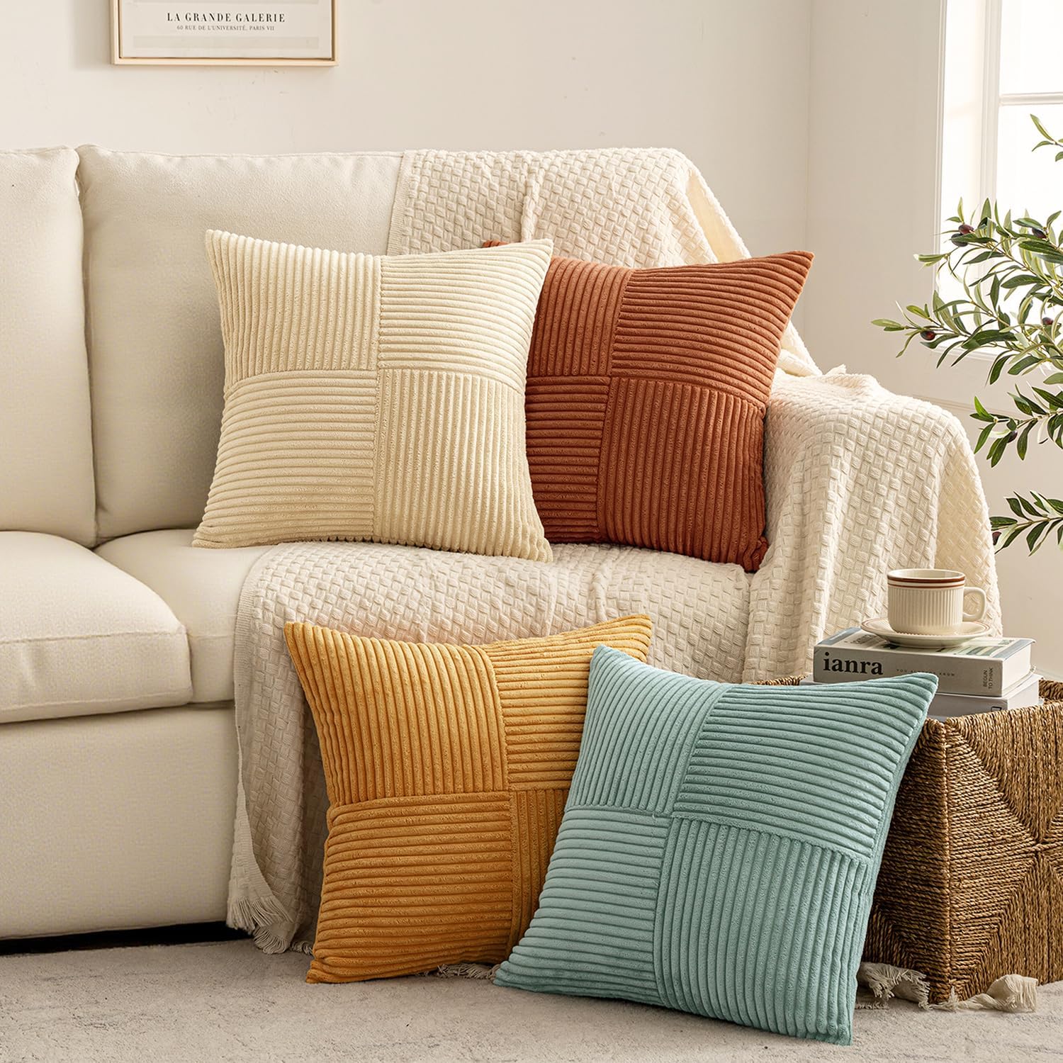 Miulee Boho Farmhouse Decorative Throw Pillow Covers 20x20 Inch 4 Packs Soft Vintage Pillow Cases Modern Corduroy Patchwork Cushion Covers…