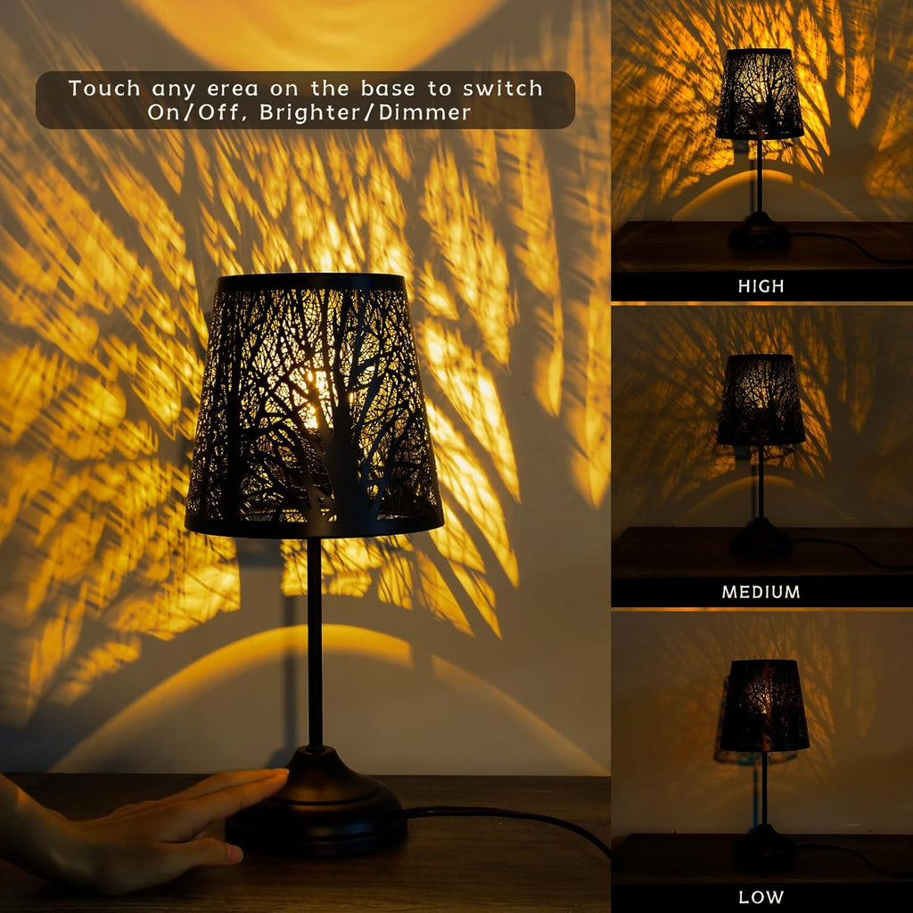 3 Level Dimmable Touch Table Lamps Set of 2, Black Metal Tree Pattern Shadow Lamp, Small Bedside Night Light for Kids, Vintage Accent…