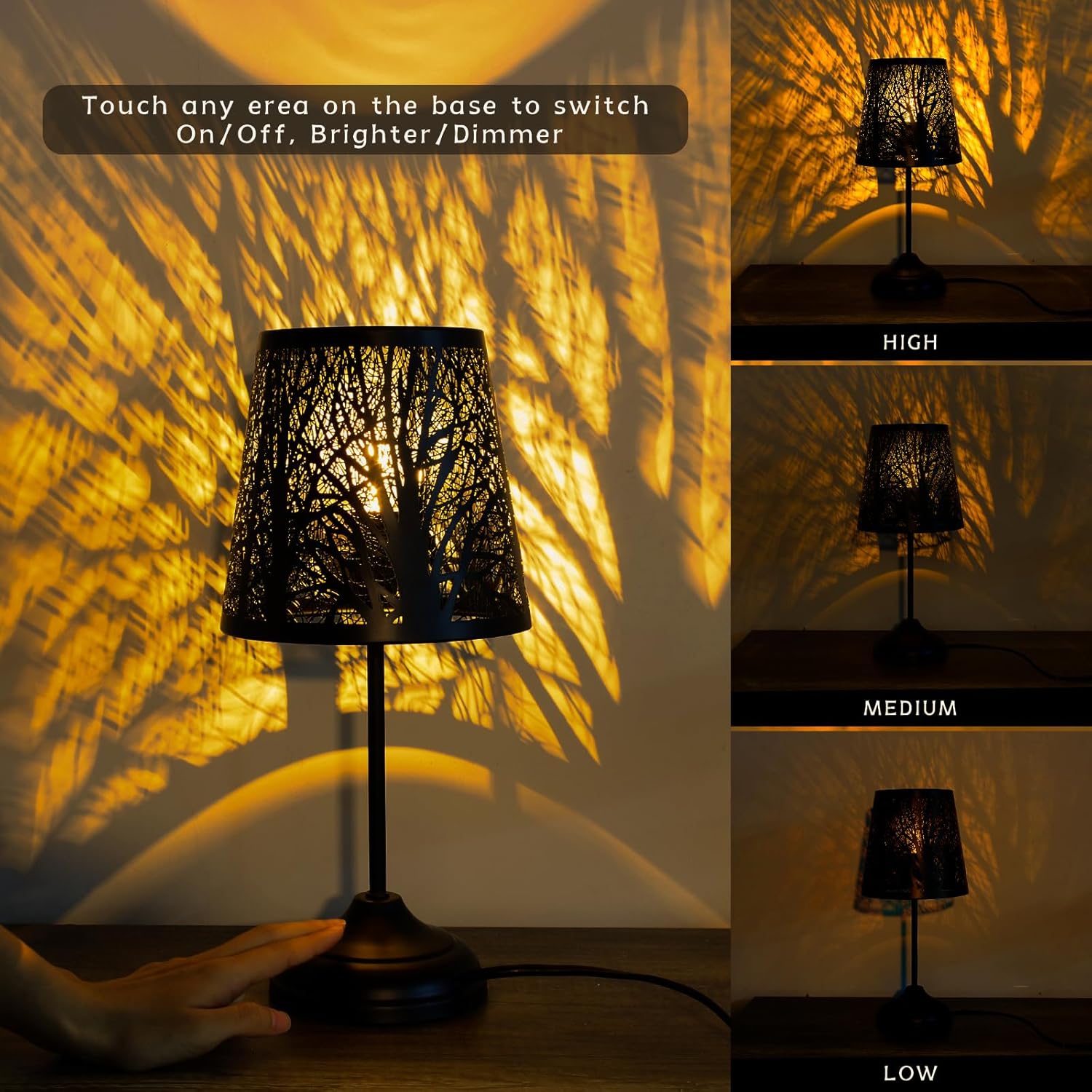 3 Level Dimmable Touch Table Lamps Set of 2, Black Metal Tree Pattern Shadow Lamp, Small Bedside Night Light for Kids, Vintage Accent…