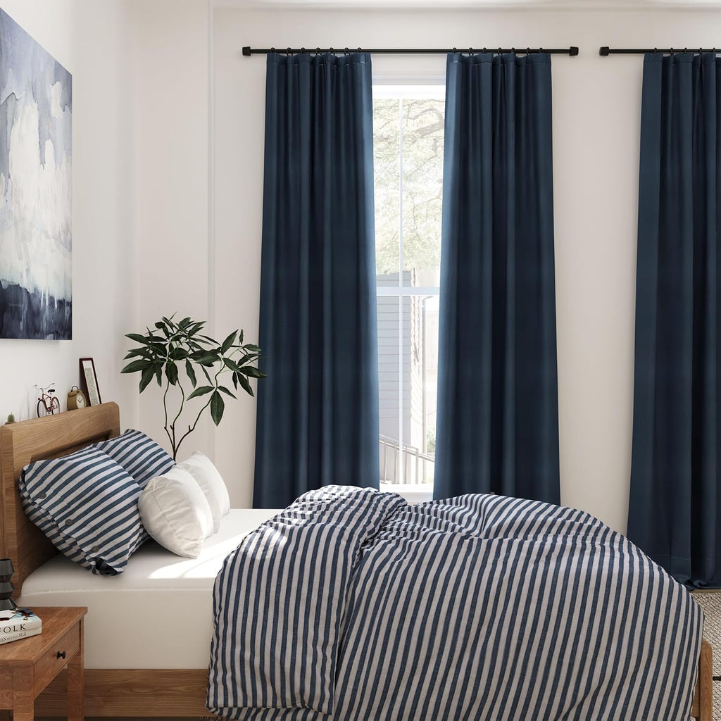 Nanspring Vintage Blue 100% Blackout Linen Curtains 84 Inch Length 2 Panels Set for Bedroom Back Tab Vintage Farmhouse Decor Black Out Curt…