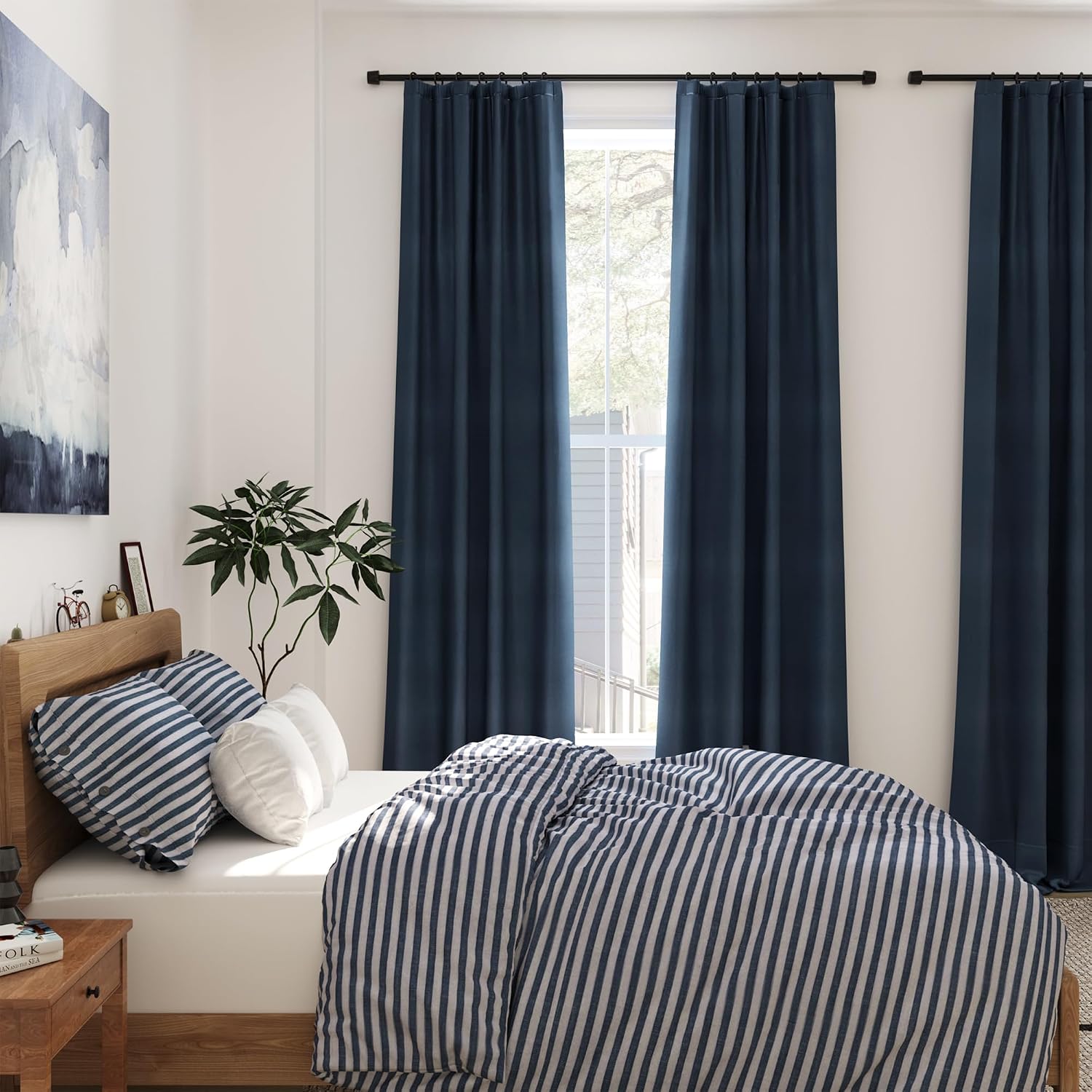 Nanspring Vintage Blue 100% Blackout Linen Curtains 84 Inch Length 2 Panels Set for Bedroom Back Tab Vintage Farmhouse Decor Black Out Curt…