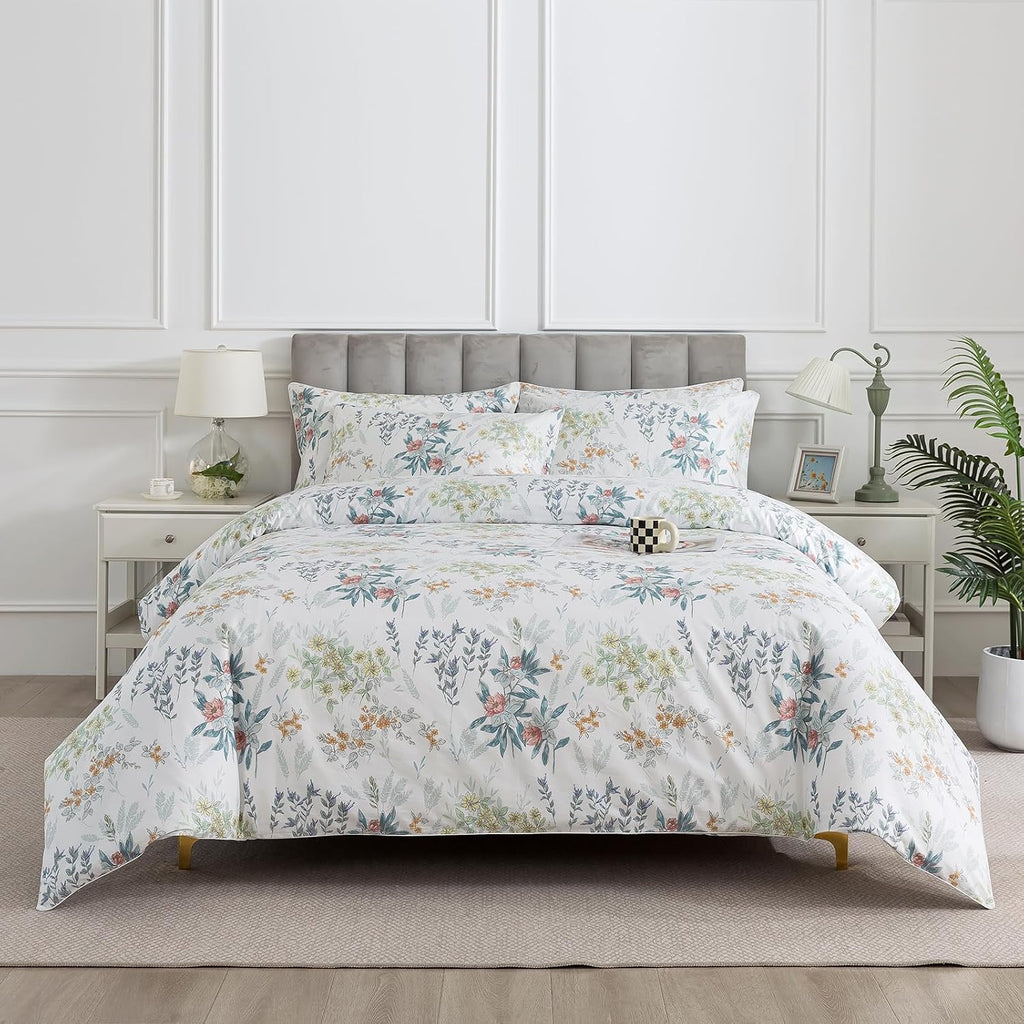Puralens White King Floral Duvet Cover, Shabby Leaf Chic 100% Cotton Percale Duvet Cover Set with Ties, Flower Patterned Cottage Toile Bedd…
