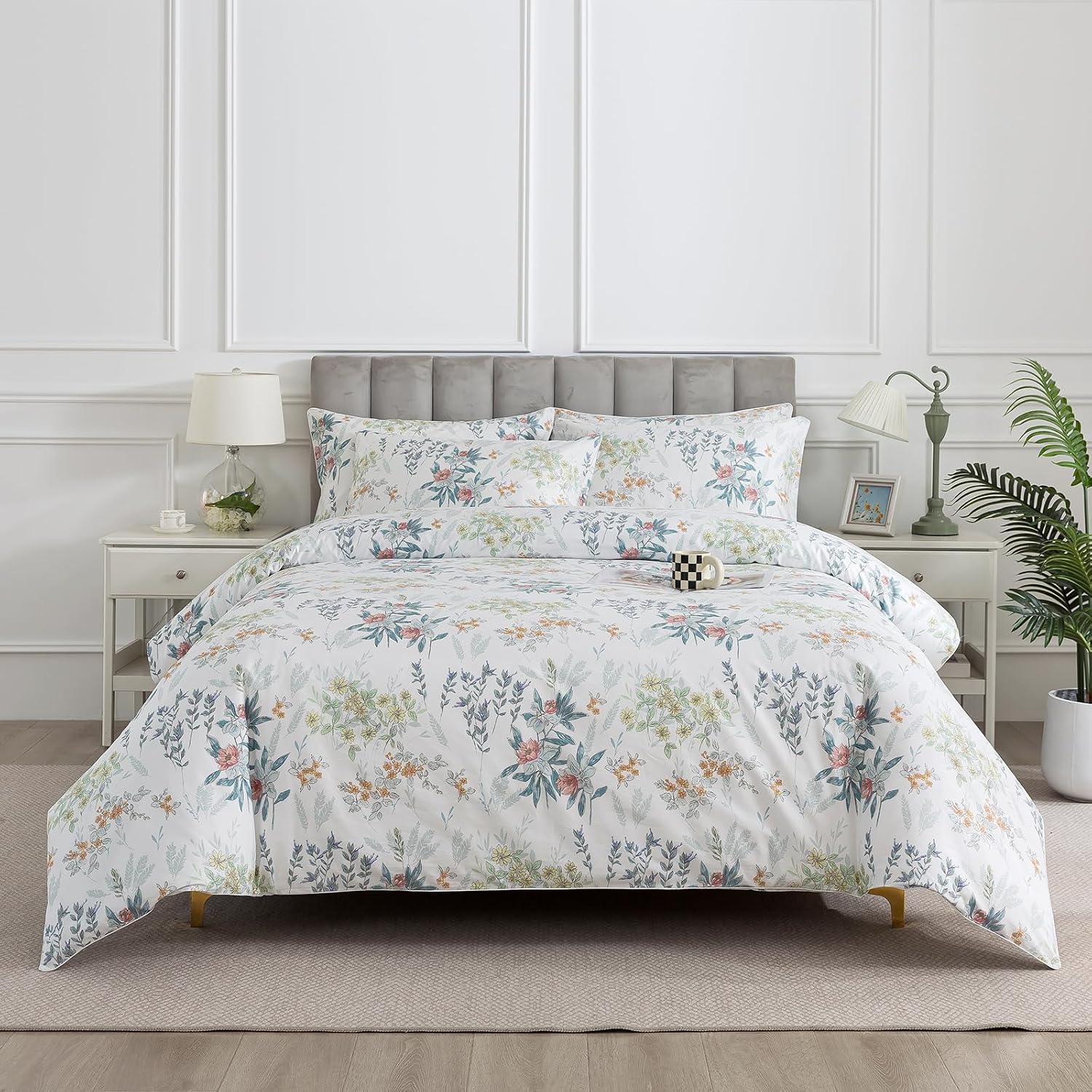Puralens White King Floral Duvet Cover, Shabby Leaf Chic 100% Cotton Percale Duvet Cover Set with Ties, Flower Patterned Cottage Toile Bedd…
