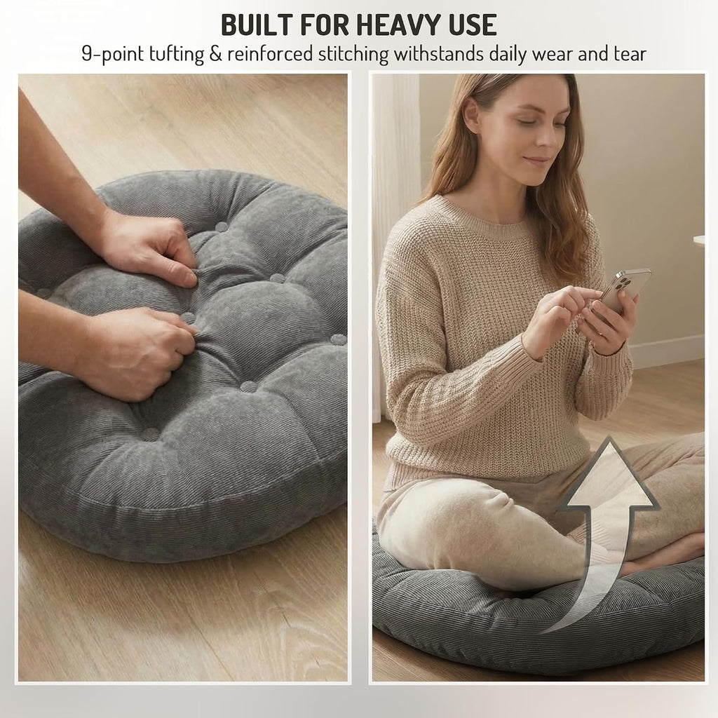 Degrees of Comfort Meditation Floor Pillow, Round Large Pillows Seating for Adults, Tufted Corduroy Cushion for Tatami Living Room, Grey…