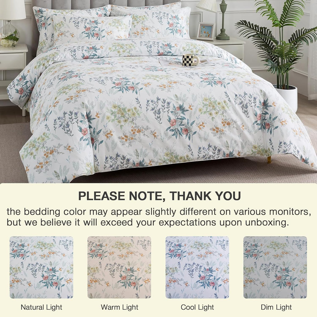Puralens White Queen Floral Duvet Cover, Shabby Leaf Chic 100% Cotton Percale Duvet Cover Set with Zipper, Flower Patterned Farmhouse Toile…