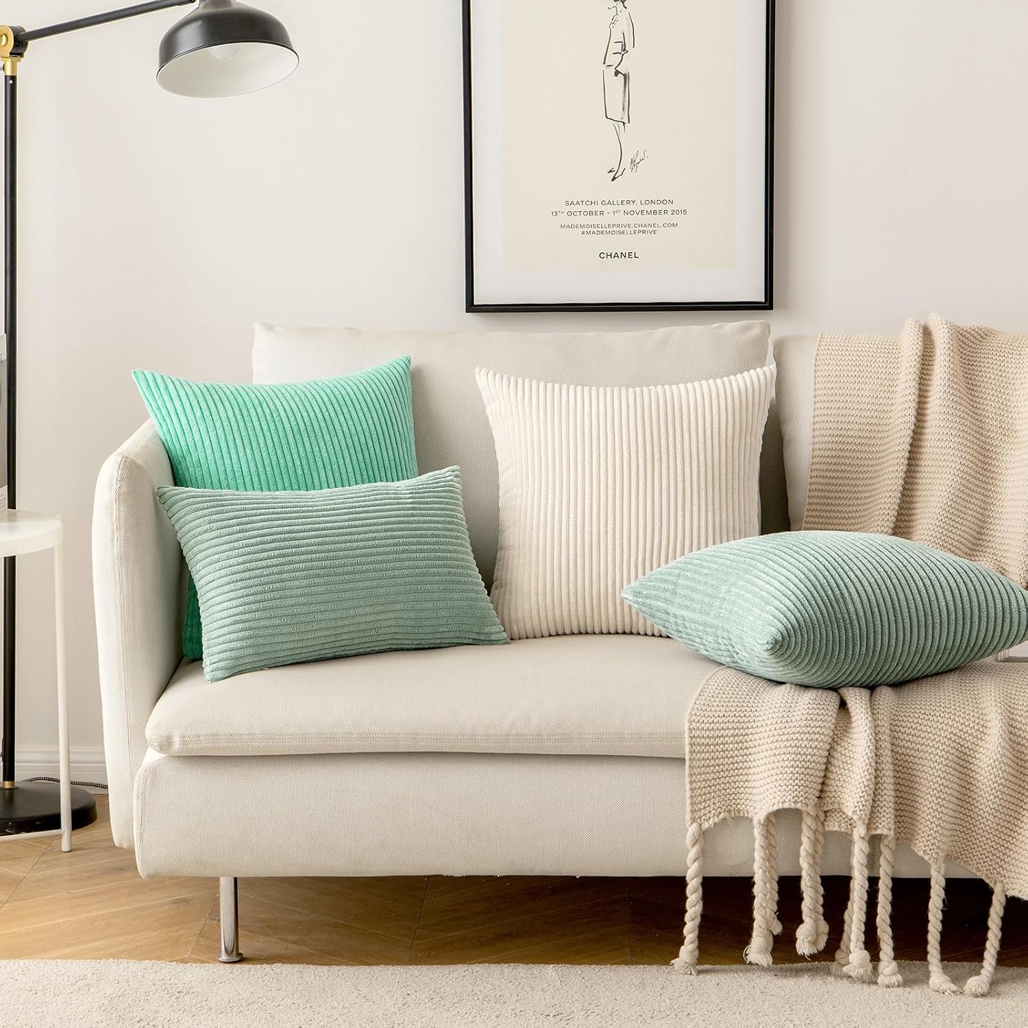 MIULEE Pack of 2 Corduroy Pillow Covers Super Soft Throw Pillow Covers Striped Pillowcases for Sofa Bedroom Couch 20 x 20 Inch Greyish Green