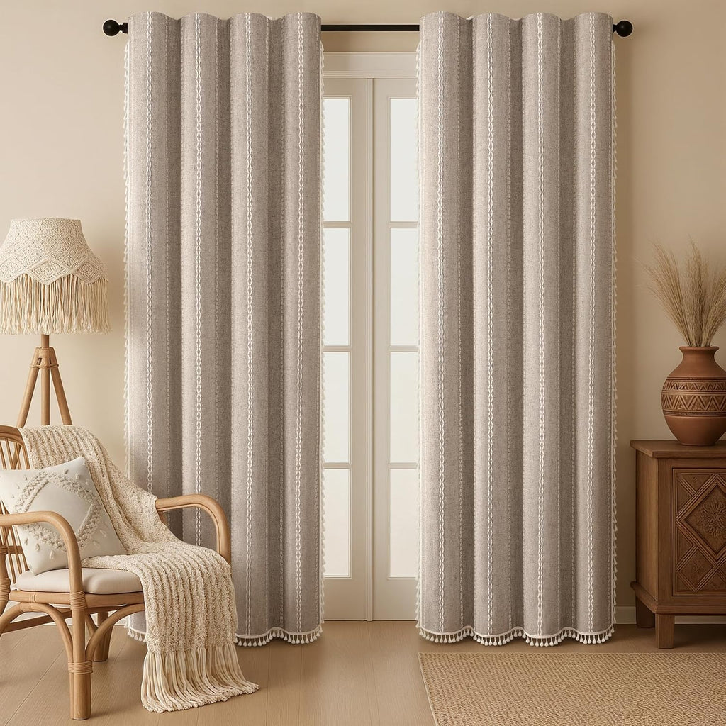 XOGUIBO Brown Boho Blackout Curtains 2 Panels 84 Inch for Living Room Bedroom, Warm Taupe Linen Texture Farmhouse Curtains with Tass…