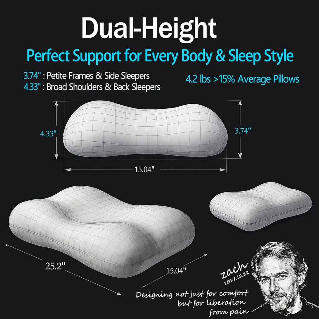 HighBeds Cervical Neck Pillow for Neck - Memory Foam Pillow for Side and Back Sleepers, BASF Support with Ergonomic Pillow(Grey) Cotton Grey