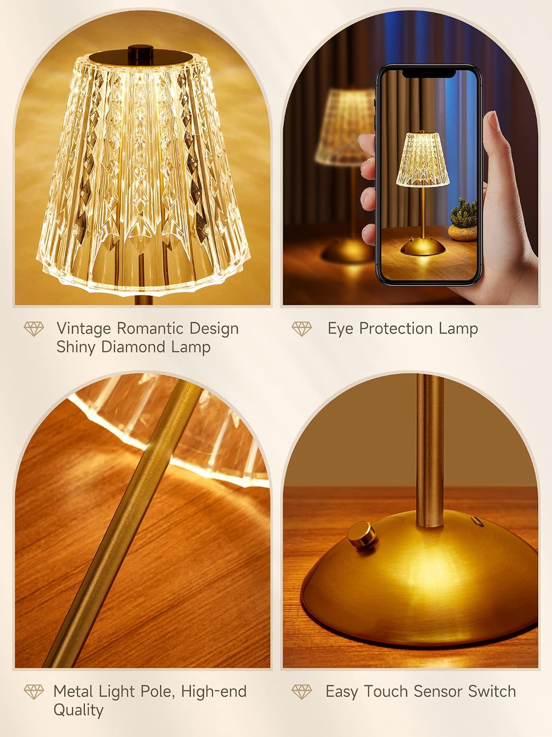 3200mAh】Brass Table Lamp, 3 Colors+Dimmable+Touch Crystal Lamp LED Gold Lamp, Mood Lighting Mood Light, Brass Decor for…