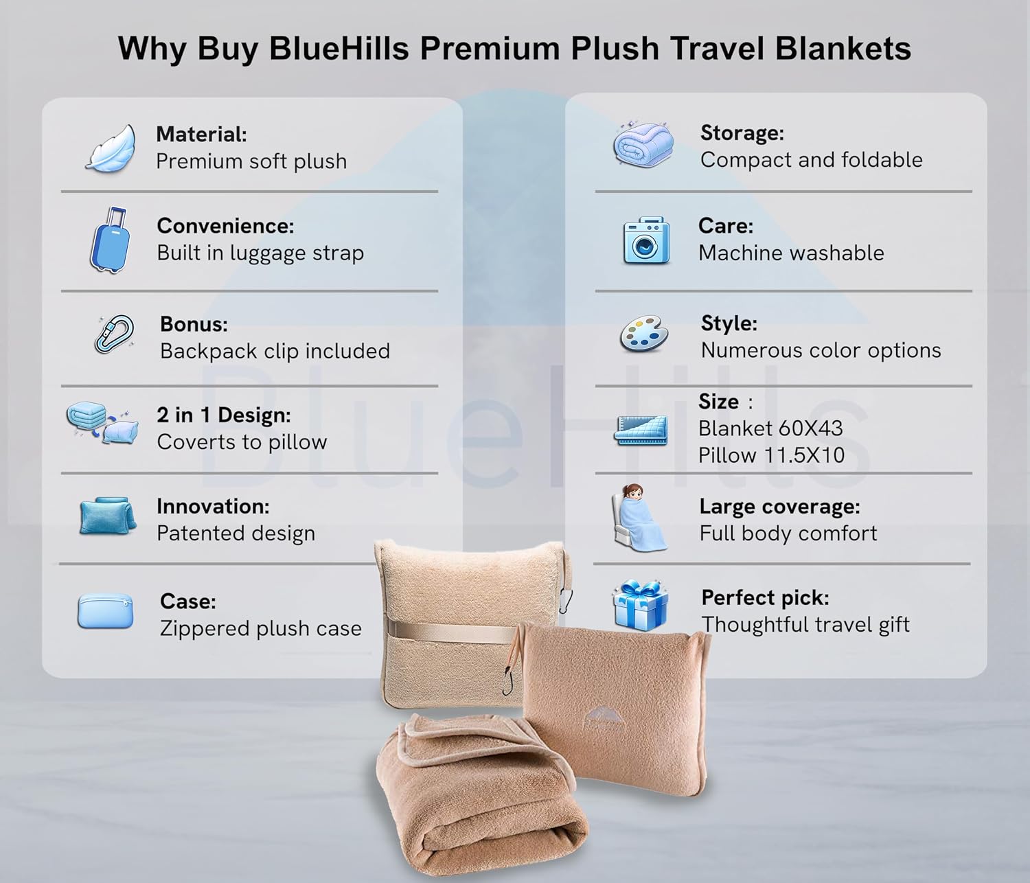 BlueHills Premium Soft 2-Pack Travel Blanket Pillows Airplane Large Plane Flight Throw Travel Blankets for Two in a Bag Compact Traveling…