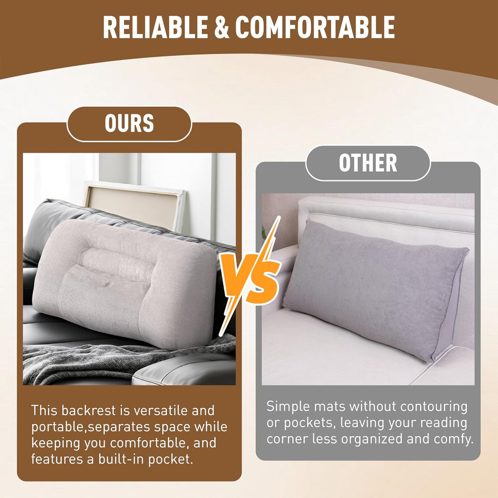 Reading Pillow for Couch, Bed Rest Back Pillow with Front Pocket, Comfortable Back Pillows for Sitting in Bed, Daybed, Living Room, Tatami