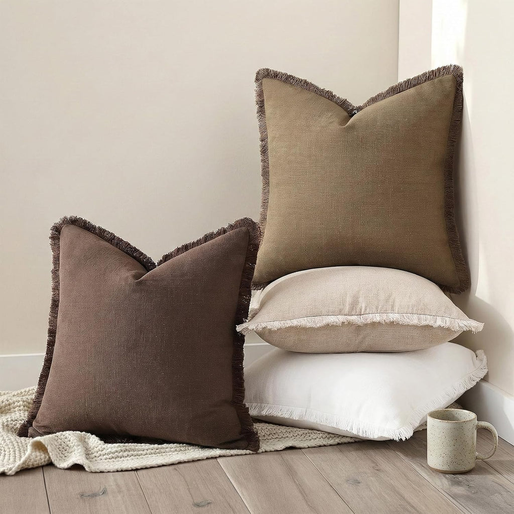 decorUhome Summer Decorative Neutral Linen Fringe Throw Pillow Covers Set of 2 Chocolate Pillow Covers with Tassels Soft Farmhouse Boho Acc…