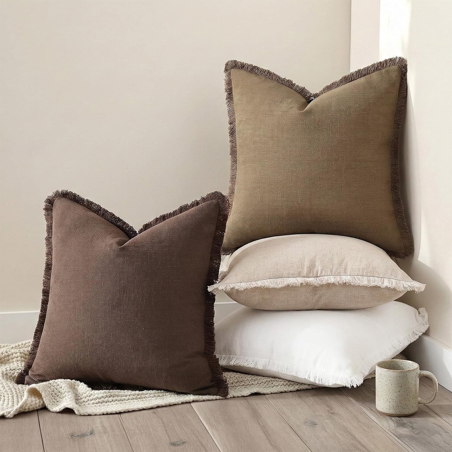 decorUhome Summer Decorative Neutral Linen Fringe Throw Pillow Covers Set of 2 Chocolate Pillow Covers with Tassels Soft Farmhouse Boho Acc…