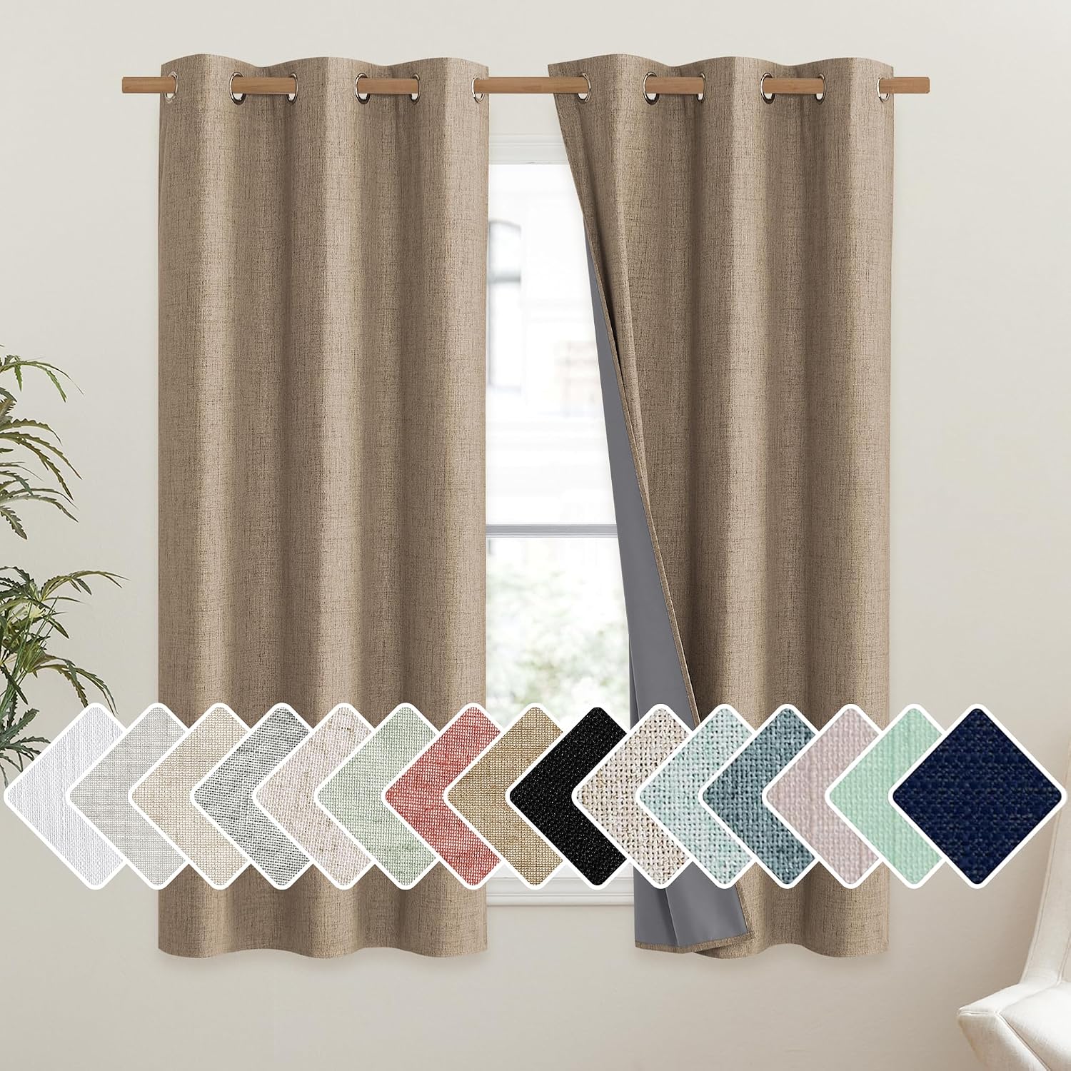 NICETOWN Burlap Vintage Open Linen Weave Flax Thermal Curtains, 100% Blackout Curtains 54" Long for Dining Room, Soundproof Window…