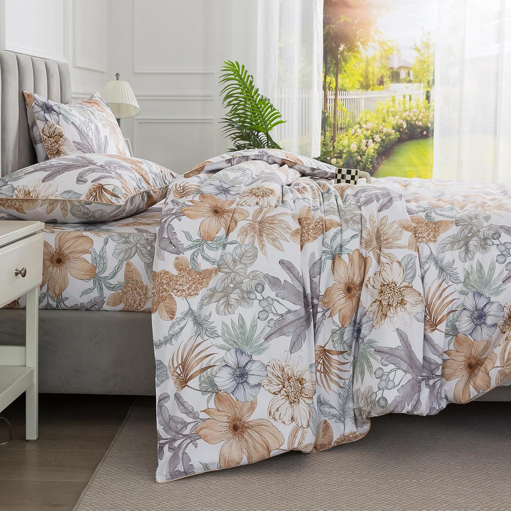 Puralens Tropical Floral Queen Size Duvet Cover Set 100% Cotton Percale, Palm Leaves Reversible Zipper White Duvet Covers, Soft Crisp Moder…