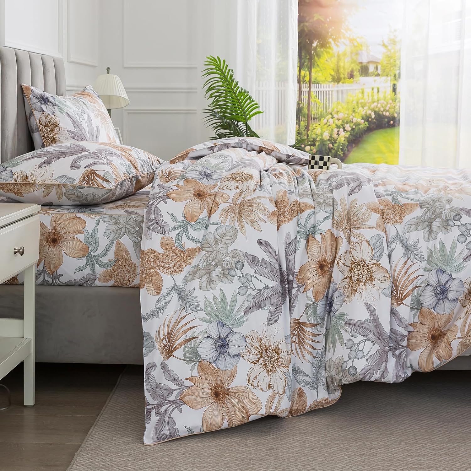 Puralens Tropical Floral Queen Size Duvet Cover Set 100% Cotton Percale, Palm Leaves Reversible Zipper White Duvet Covers, Soft Crisp Moder…