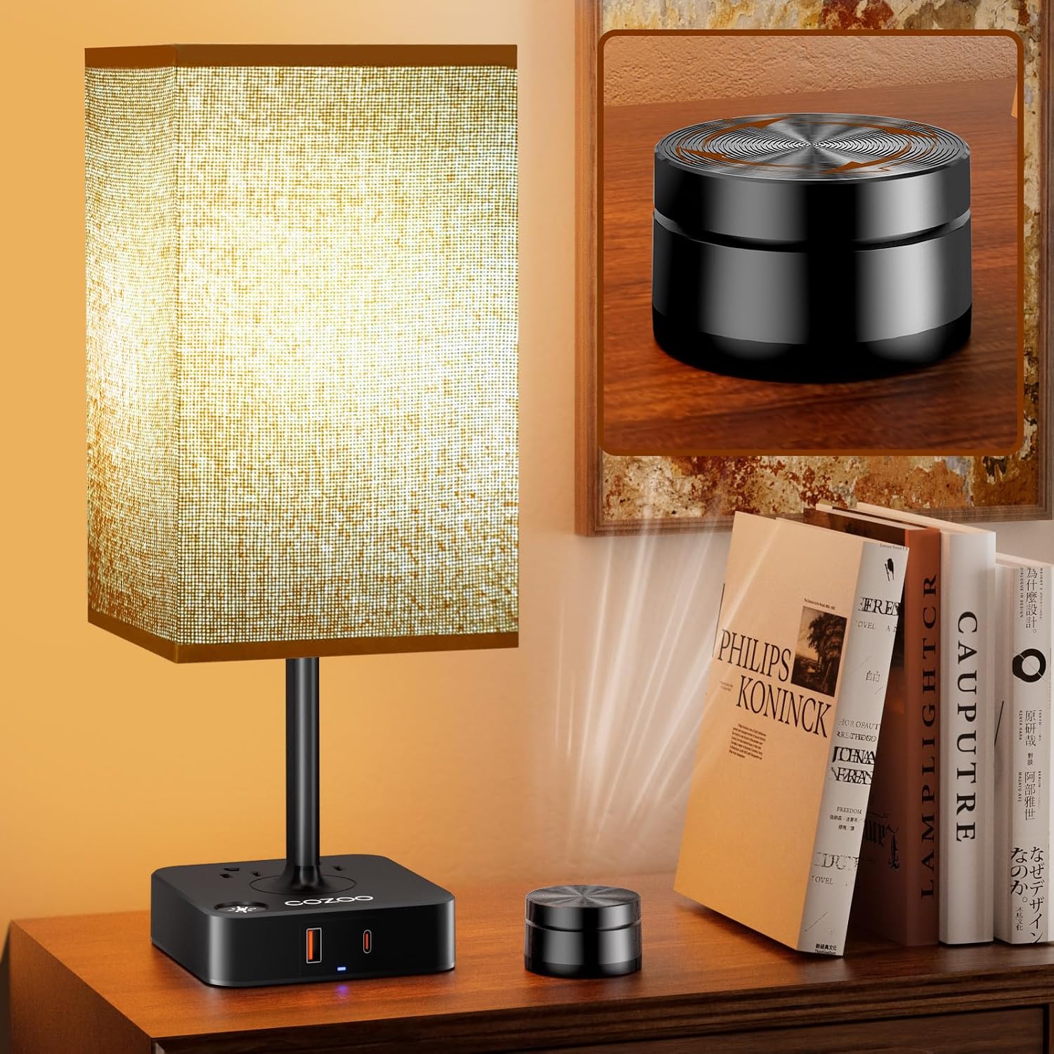 cozoo Bedroom Table Lamp with Remote Operation Control, Dimmable Bedside Table Desk Lamps with USB C+A Charging Ports 2 AC Outlets (Brown…