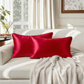 Homeideas Red Decorative Throw Pillow Covers 20x12 Set of 2, Glossy Faux Silk Lumbar Pillow Covers for Couch Sofa Bed Decor Luxury Summer E…