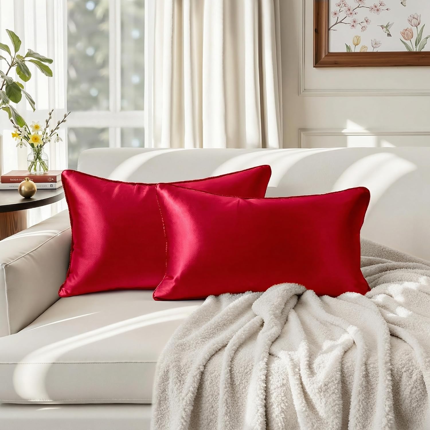 Homeideas Red Decorative Throw Pillow Covers 20x12 Set of 2, Glossy Faux Silk Lumbar Pillow Covers for Couch Sofa Bed Decor Luxury Summer E…