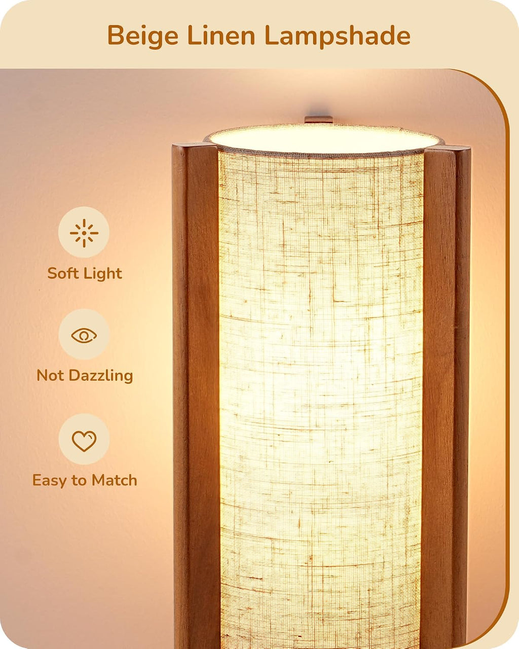 EDISHINE 13.5" Small Table Lamp, Walnut Wood Cylinder Nightstand Lamp for Bedroom, Beige Linen Shade, Corner Modern Bedside Lamp for…