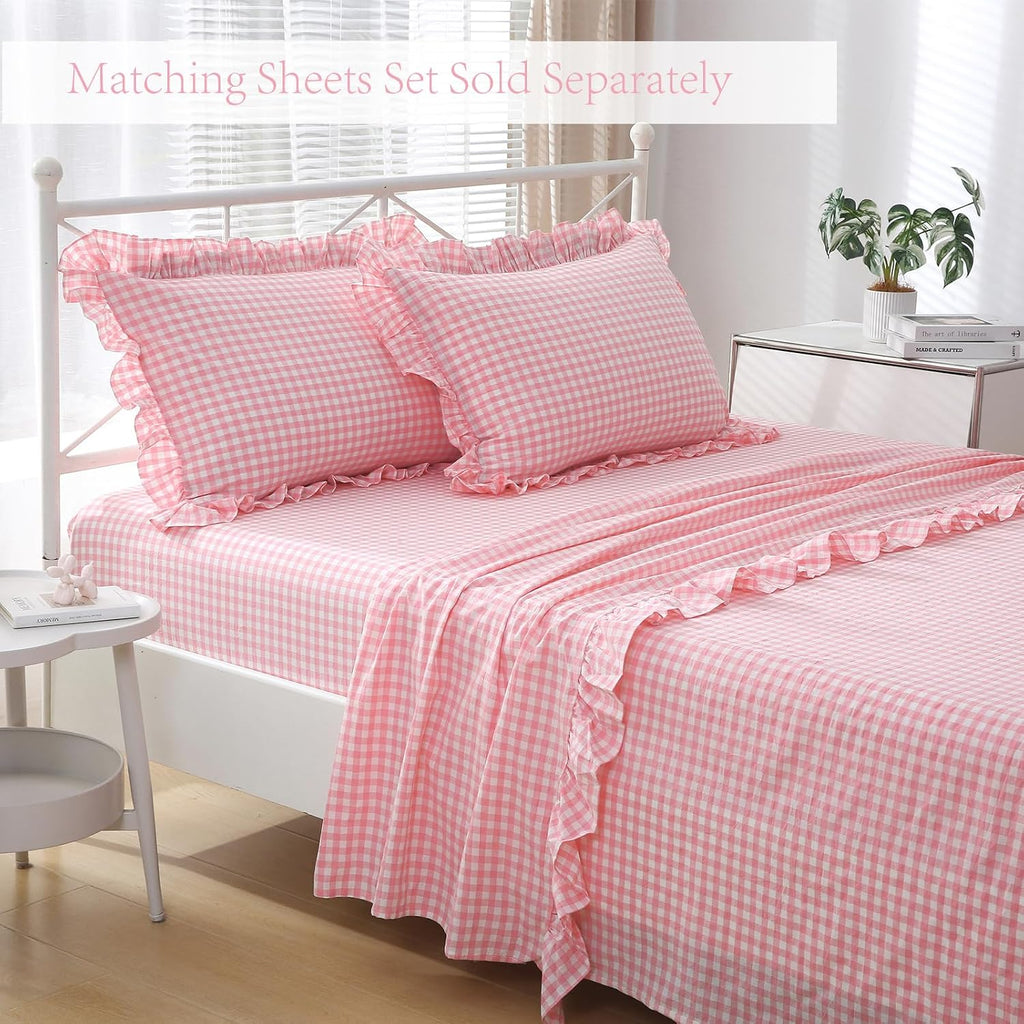 Kmasaniji 2 Pack Coral Pink White Plaid Ruffle Gingham Throw Pillow Covers, 100% Washed Cotton Checkered Coquette Decorative Pillow Shams f…