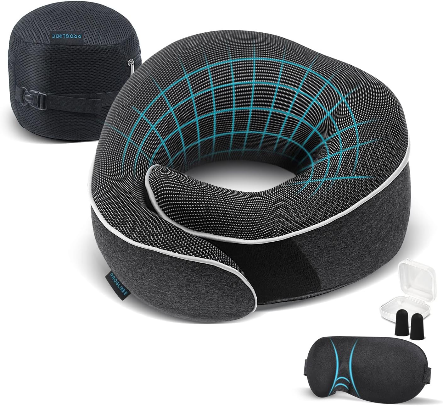 Proglobe Travel Neck Pillow 100% Memory Foam – Airplane & Car Travel Essentials Kit with 3D Eye Mask, Earplugs & Mesh Bag – Sleeping…