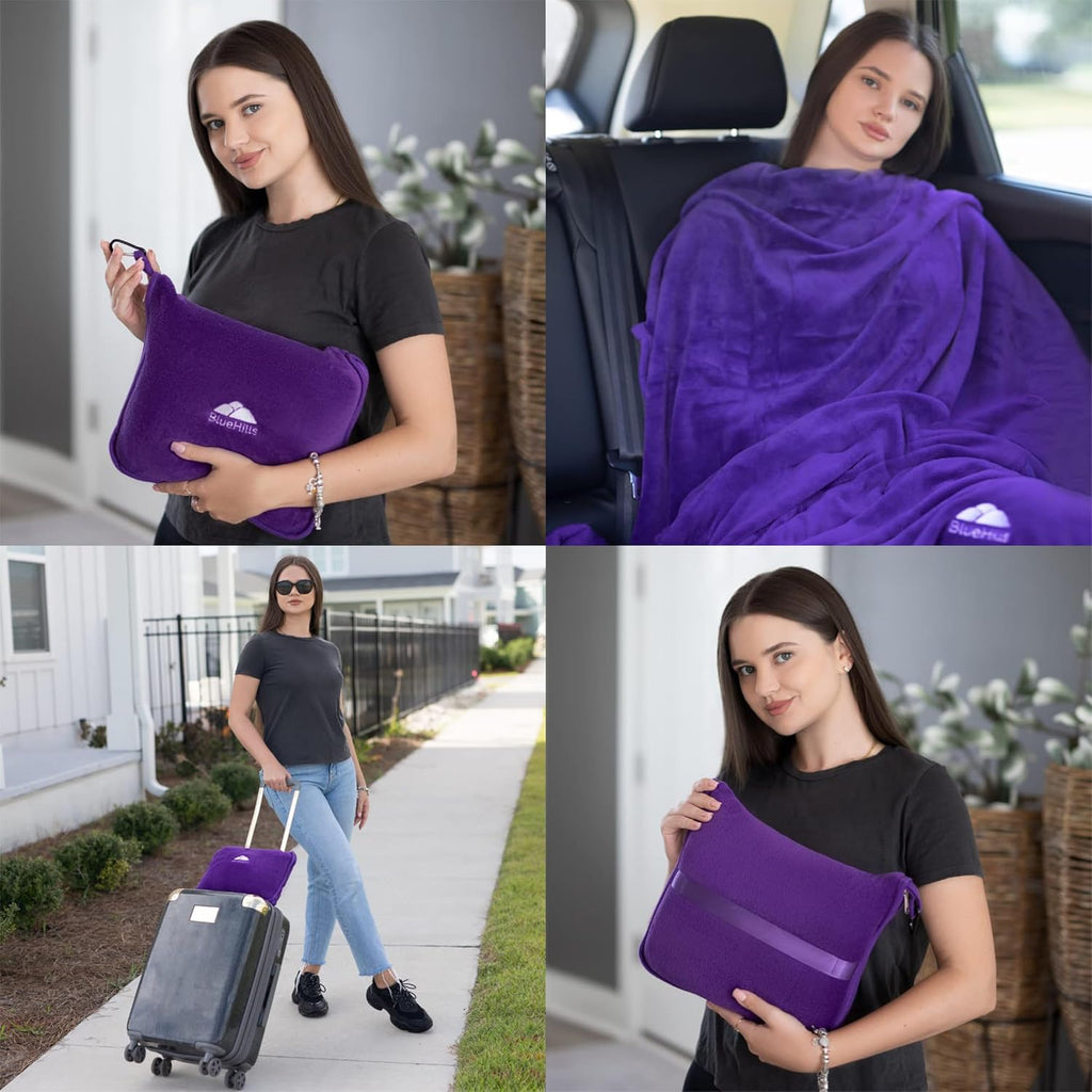 BlueHills Travel Blanket Pillow Premium Soft Plush for Airplane Travel Size Blanket Throw Long Flight Essentials in Compact Bag Plane…