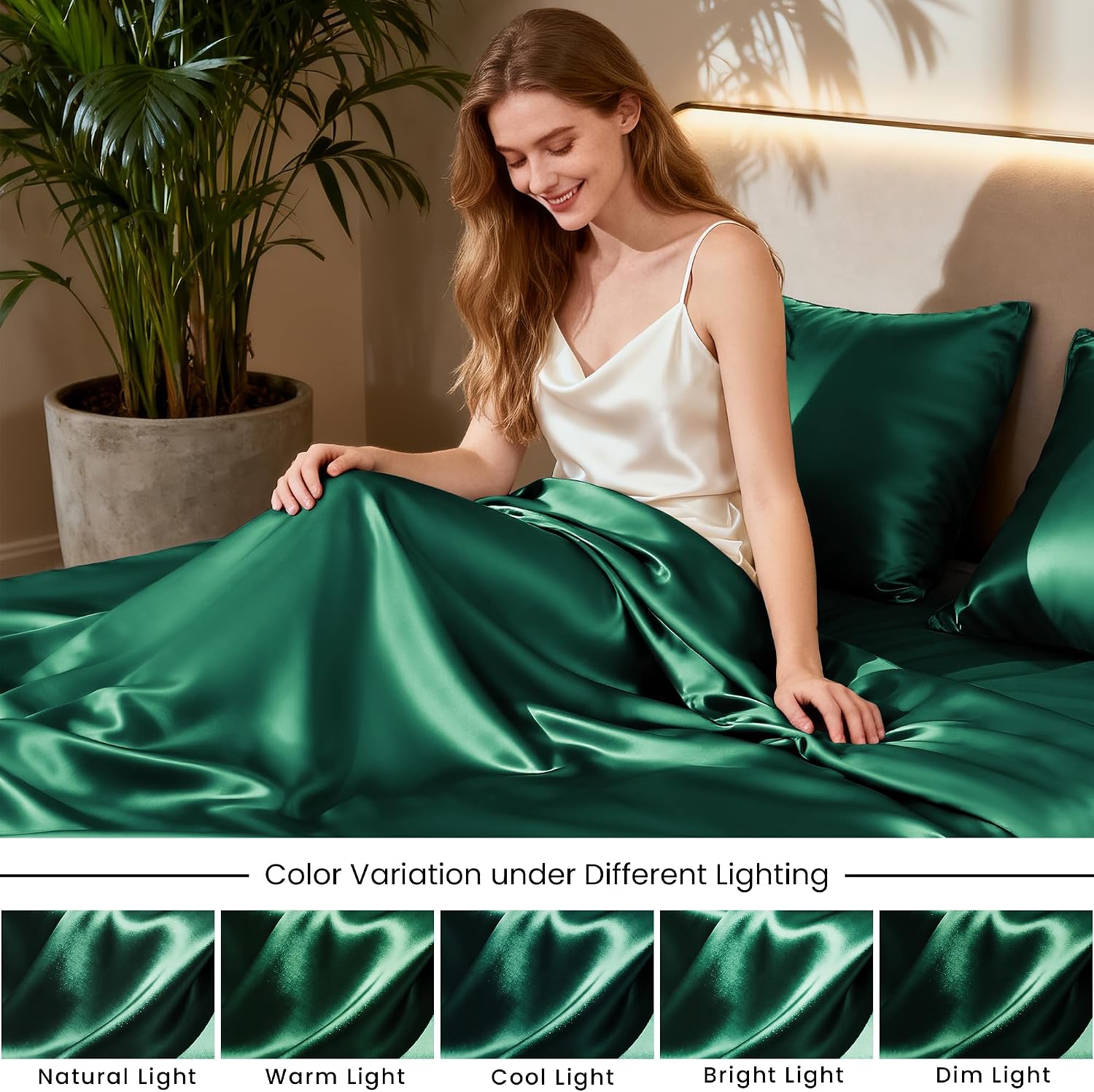 Lovescabin Love's cabin 4Piece California King Satin Bed Linen Set, Dark Green Silky Satin Sheets, Deep Pocket, Luxury Silk Feel, 1 Flat, 1…