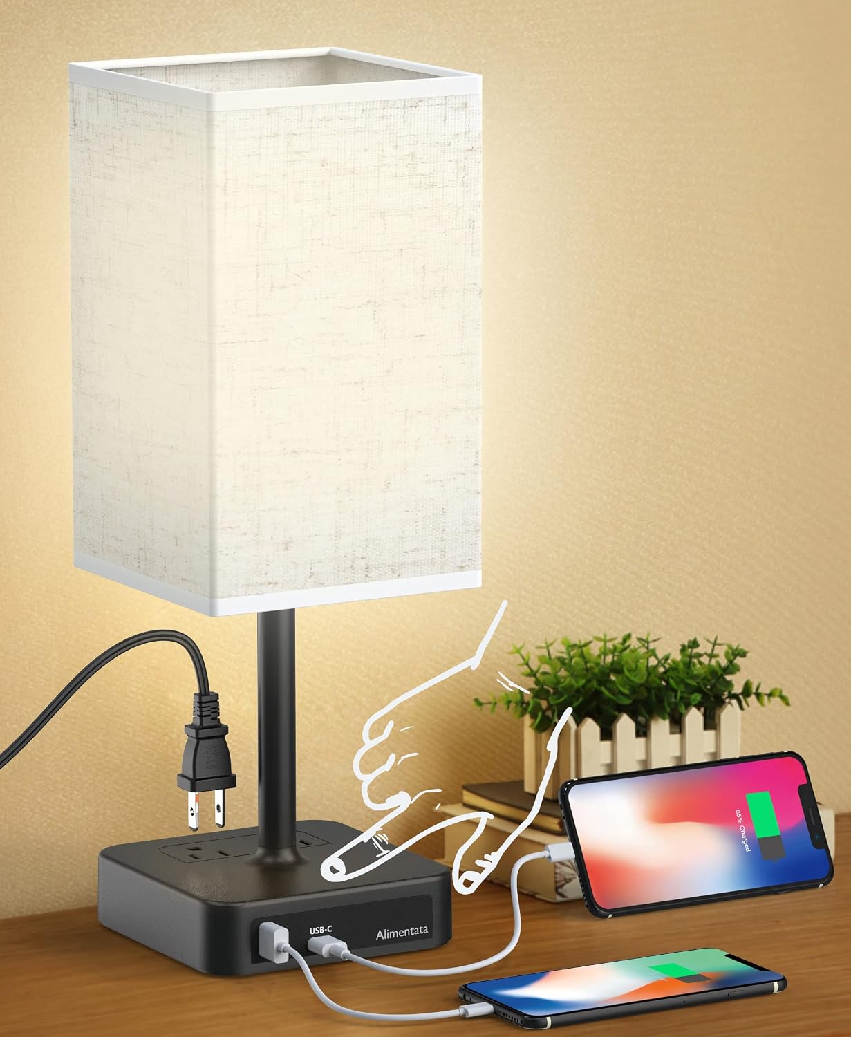 Touch Control Bedside Table Lamp with USB C & USB A Charging Port and 2 AC Outlet, Minimalist LED Desk Light with Charger Base Brown…