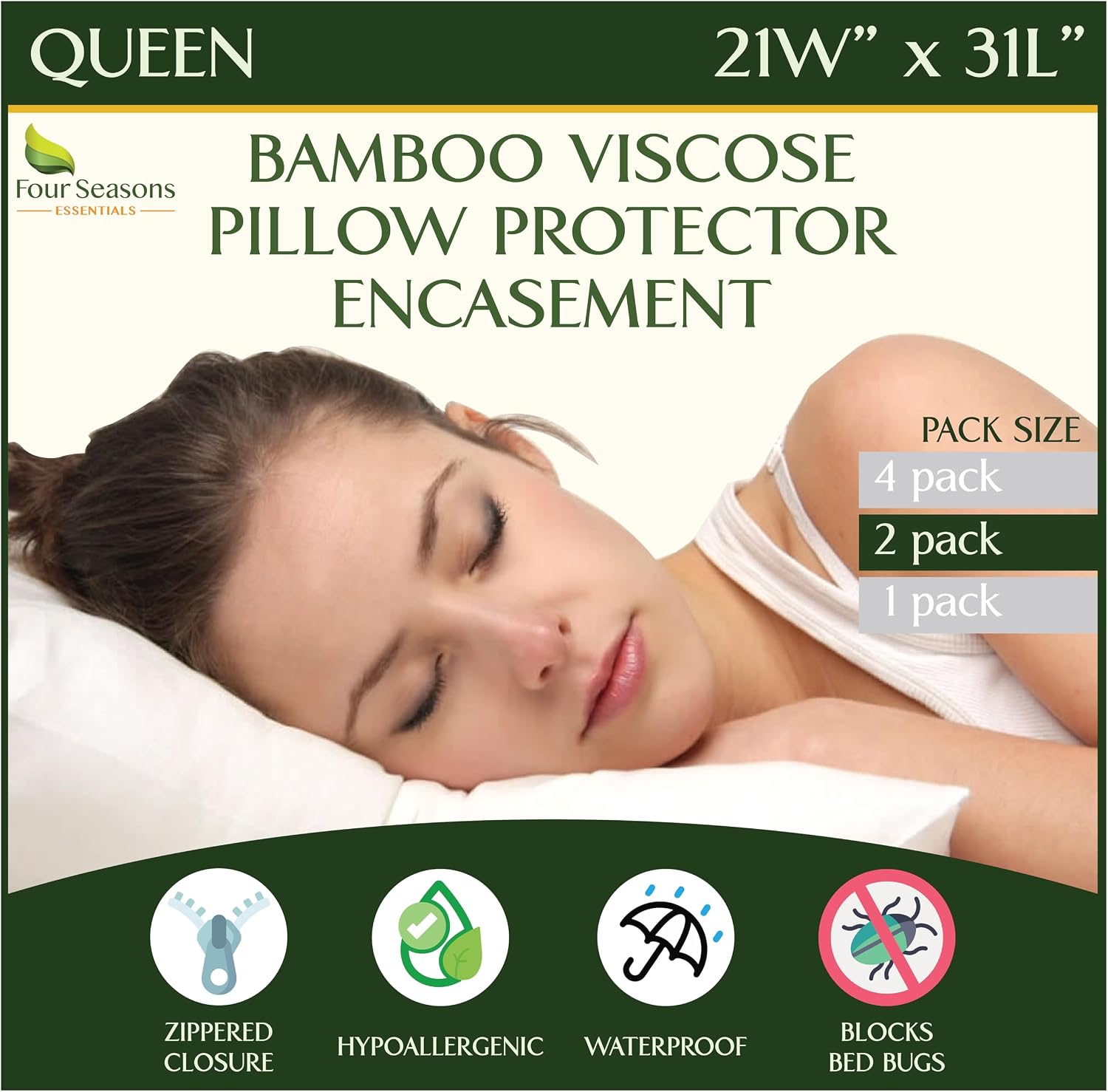 Four Seasons Essentials Queen Size Waterproof Pillow Protectors (Set of 2) - Natural Viscose derived from Bamboo Pillow Covers…