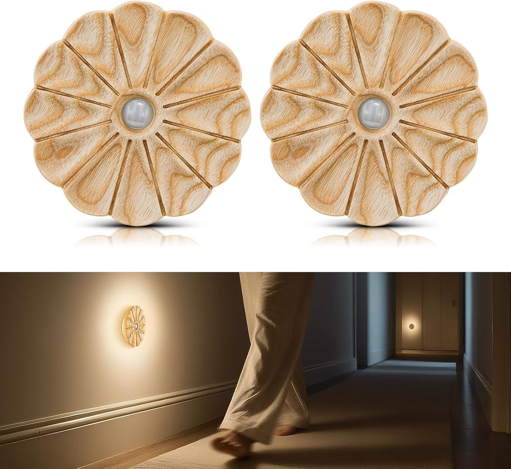 Motion Sensor Night Light Wooden Carved Flower Mini USB Rechargeable Stick-On Step Lights Magnetic Wall Lights for Hallway Bedroom Living…