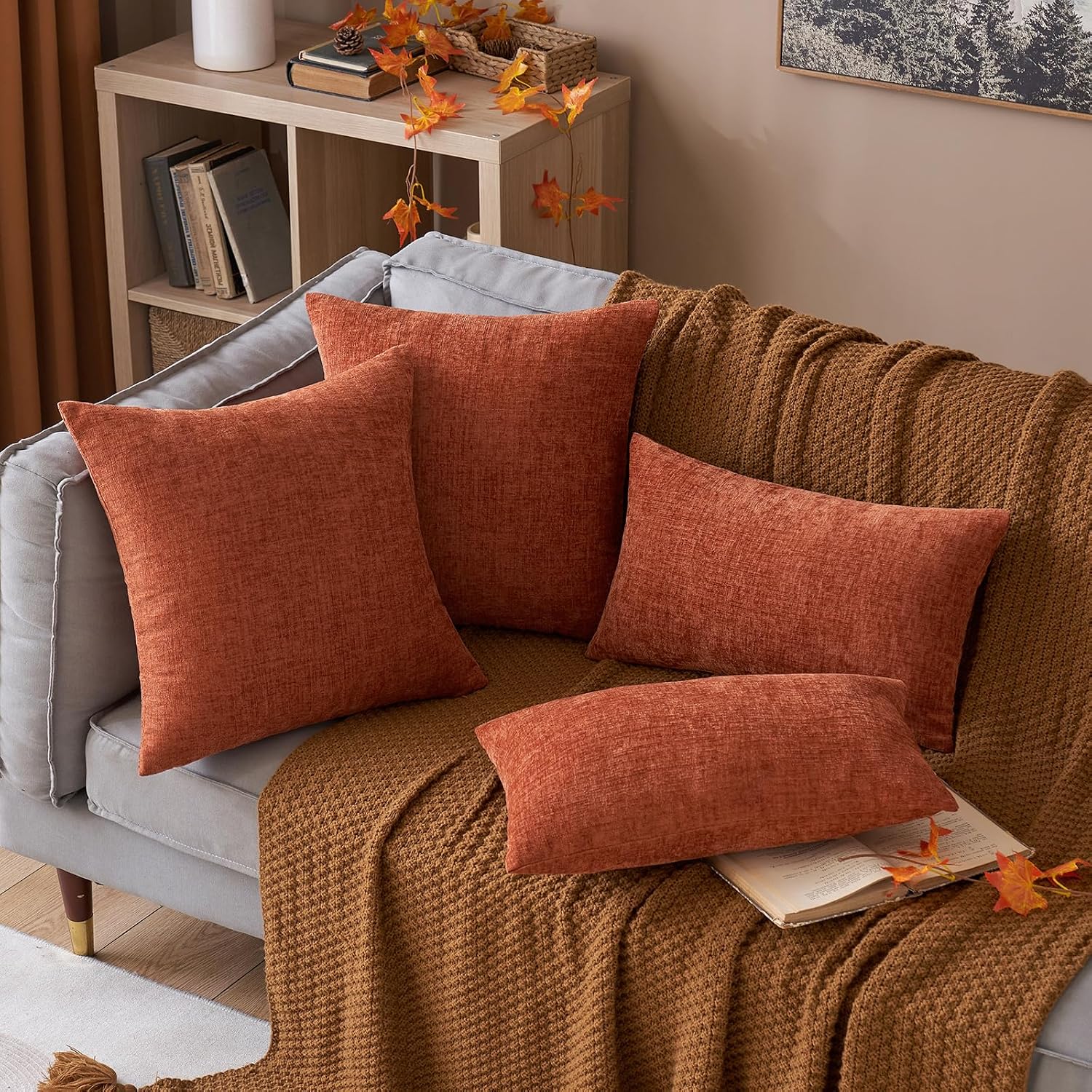 Miulee Pack of 4 Couch Throw Pillow Covers 18x18 Inch Soft Burnt Orange Chenille Pillow Covers for Sofa Living Room Solid Dyed Pillow Cases…