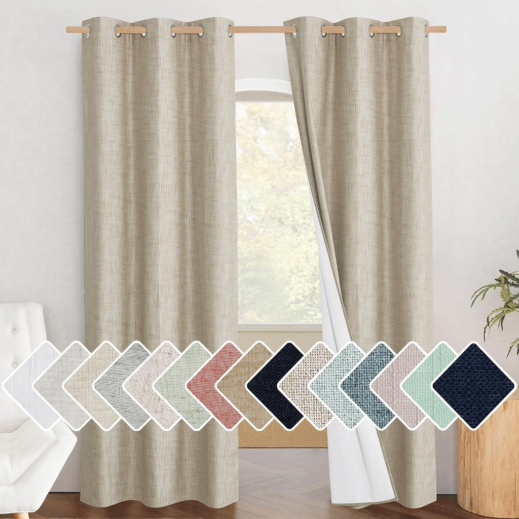 NICETOWN Taupe 100% Blackout Linen Curtains 84 inch Long Burg, Farmhouse Thick Completely Blackout Window Treatment Panels Thermal…