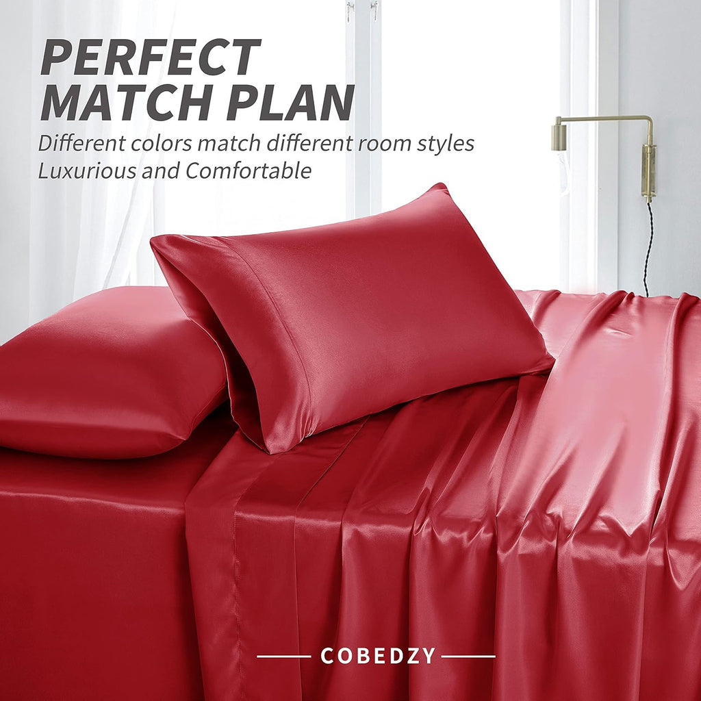 Cobedzy 3 Pcs Red Satin Sheets Twin Size Silky Satin Bedding Sheets Set with 1 Deep Pocket Fitted Sheet, 1 Flat Sheet, 1 Pillowcase 3 Pcs 1…