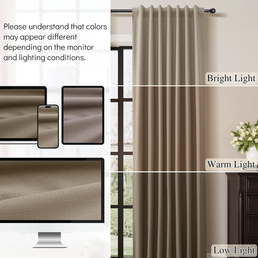 Guken Light Camel Linen 100% Blackout Curtains 108 Inches Long 2 Panels for Patio Curtains for Sliding Door Farmhouse Light Blocking Therma…