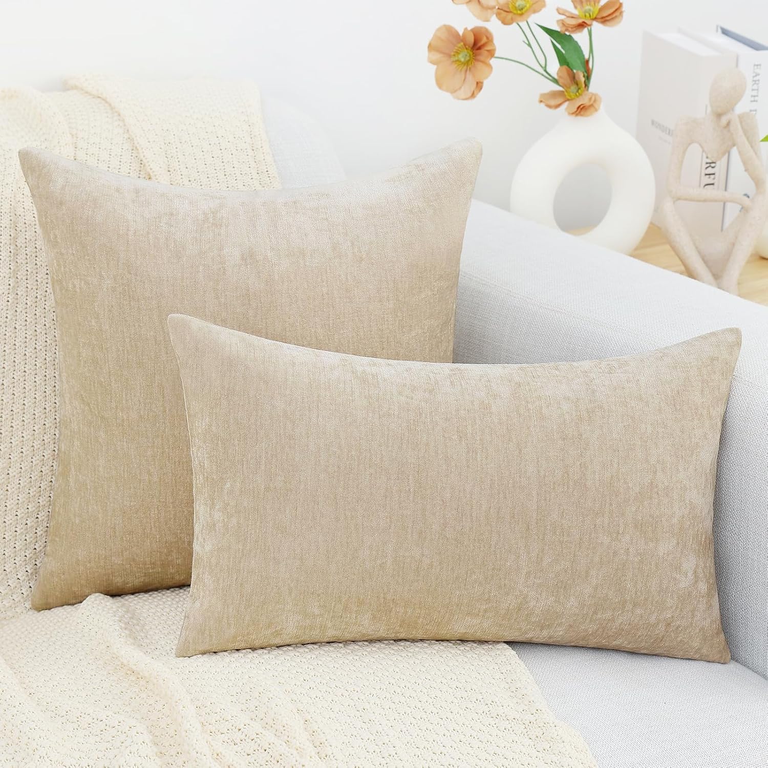 decorUhome Chenille Beige Throw Pillow Covers 26x26 Inch Set of 2, Decorative Soft Couch Pillow Covers Solid Dyed Accent Farmhouse Neutral…