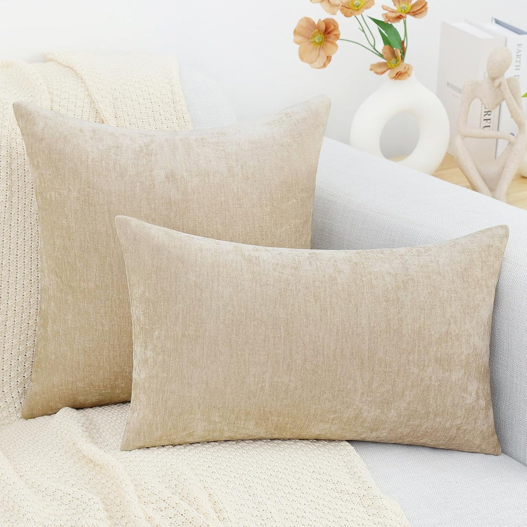 decorUhome Chenille Beige Throw Pillow Covers 12x20 Inch Set of 2, Decorative Soft Couch Pillow Covers Solid Dyed Accent Farmhouse Neutral…
