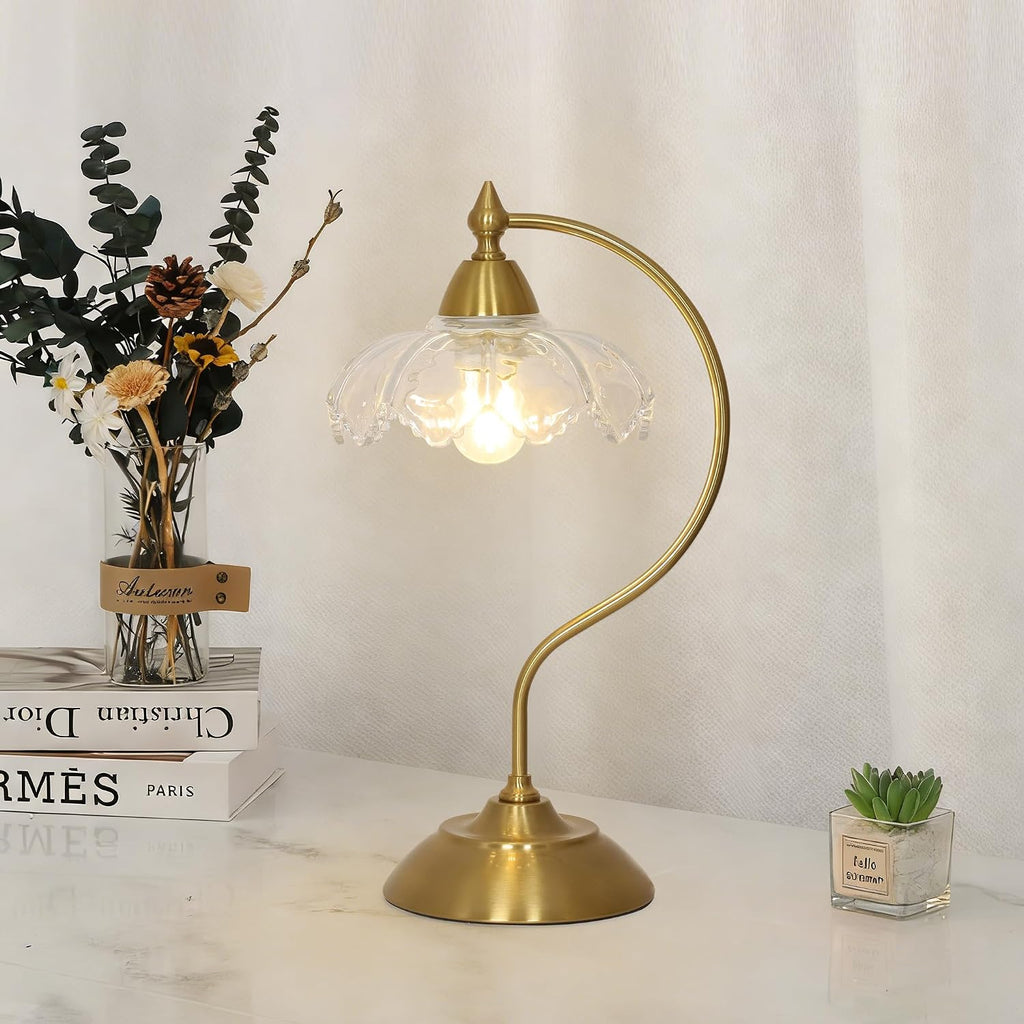Glass Desk Lamp, Gold Table Lamps for Living Room, Brass Side Table Lamp with Clear Flower Shade, Desk Lamps for Home Office, Mid Century…