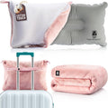 Travel Blanket and Pillow Set — Airplane Blanket with Inflatable Pillow and Cotton Case, Compact Travel Blanket with Back-Neck Snaps for…