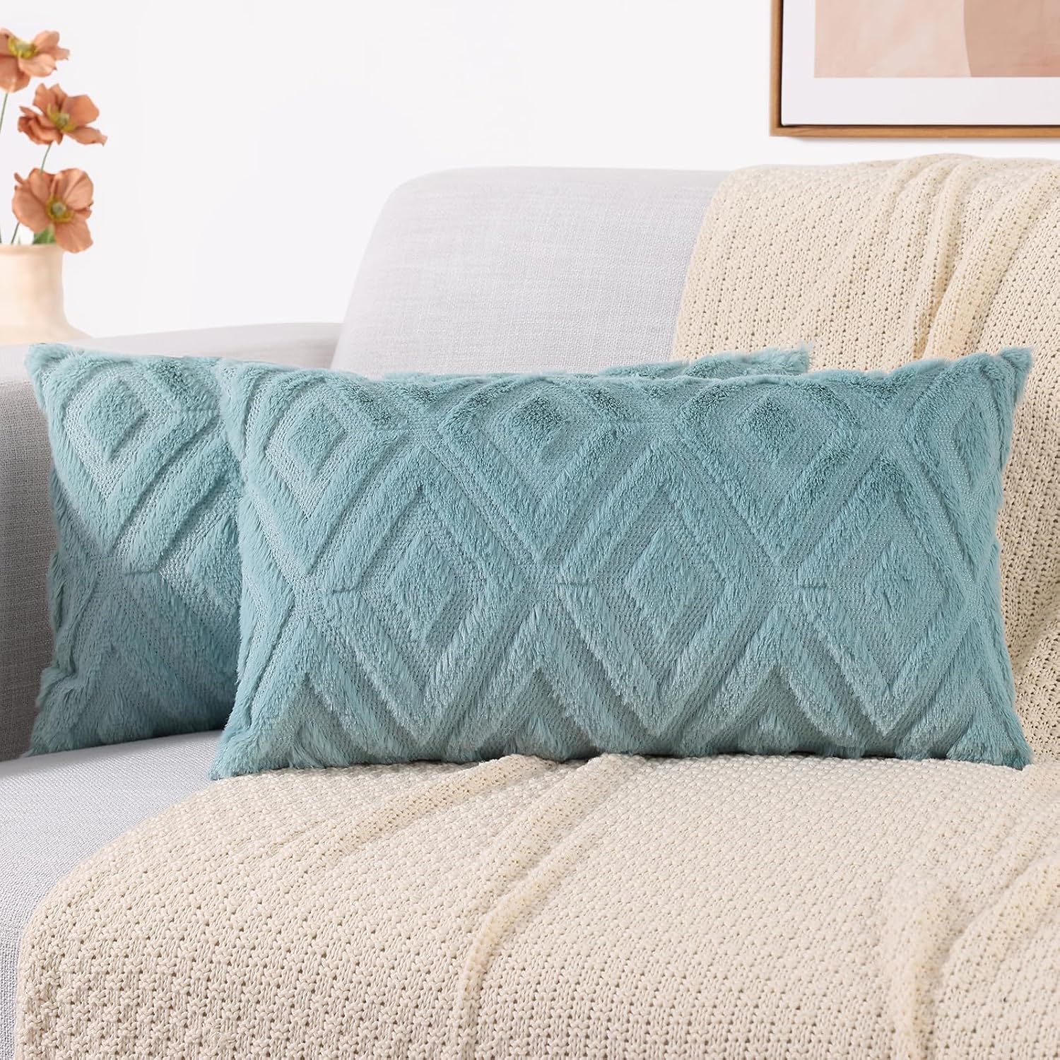 decorUhome Summer Couch Throw Pillow Covers 12x20 Set of 2, Decorative Soft Plush Faux Fur Wool Lumbar Accent Pillow Covers for Modern Farm…